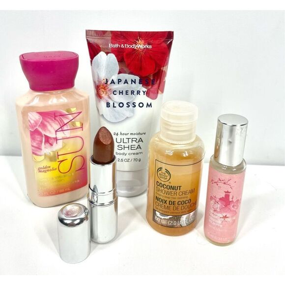 The Body Shop & Bath Body Works Lot 5 Lipstick Lotion Shower Cream Fragrance New - Picture 1 of 3